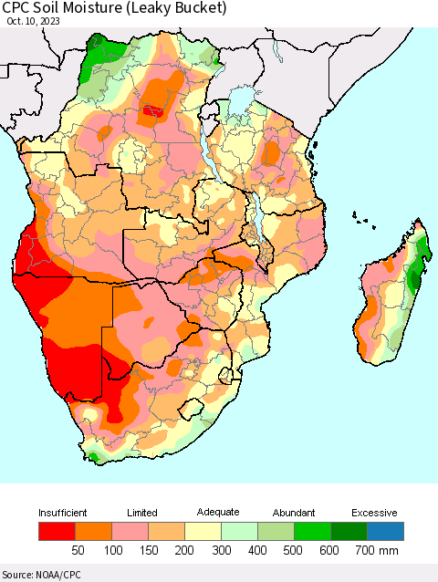 Southern Africa CPC Soil Moisture (Leaky Bucket) Thematic Map For 10/6/2023 - 10/10/2023