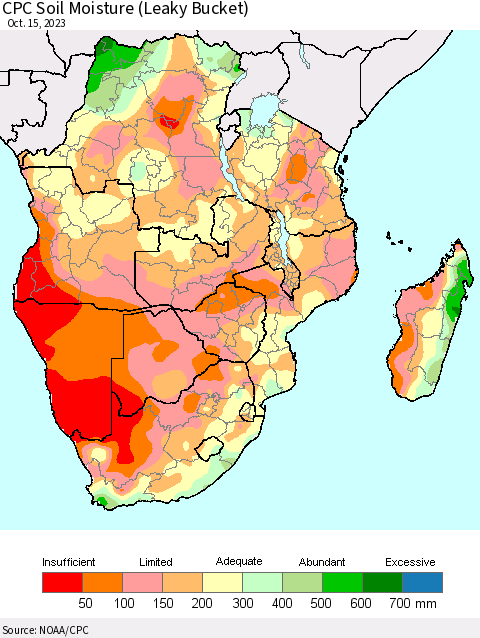 Southern Africa CPC Soil Moisture (Leaky Bucket) Thematic Map For 10/11/2023 - 10/15/2023