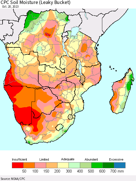 Southern Africa CPC Soil Moisture (Leaky Bucket) Thematic Map For 10/16/2023 - 10/20/2023