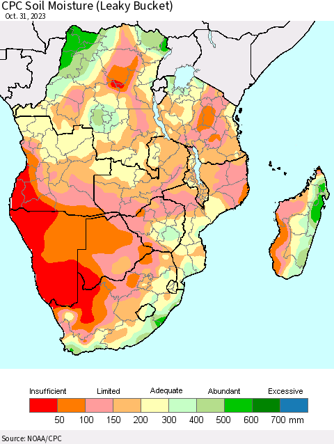 Southern Africa CPC Soil Moisture (Leaky Bucket) Thematic Map For 10/26/2023 - 10/31/2023