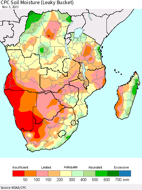 Southern Africa CPC Soil Moisture (Leaky Bucket) Thematic Map For 11/1/2023 - 11/5/2023