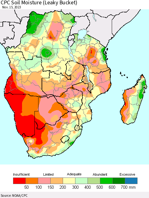 Southern Africa CPC Soil Moisture (Leaky Bucket) Thematic Map For 11/11/2023 - 11/15/2023