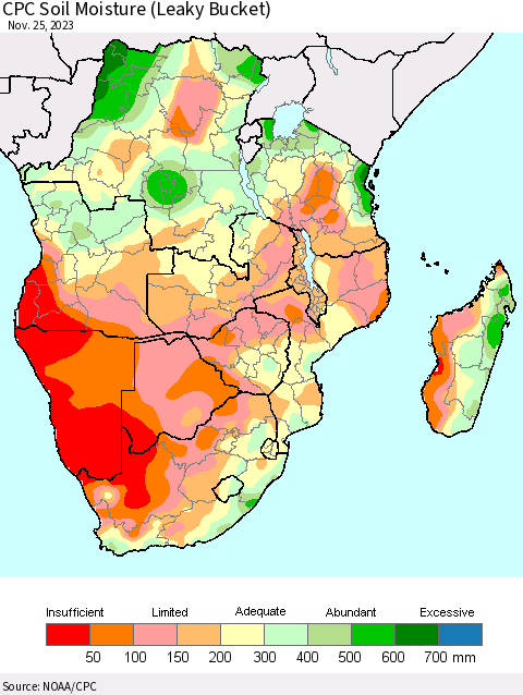 Southern Africa CPC Soil Moisture (Leaky Bucket) Thematic Map For 11/21/2023 - 11/25/2023