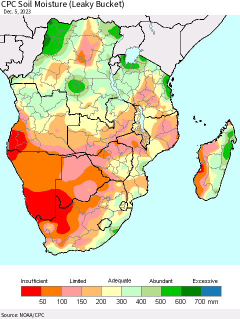 Southern Africa CPC Soil Moisture (Leaky Bucket) Thematic Map For 12/1/2023 - 12/5/2023