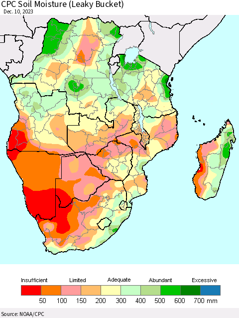 Southern Africa CPC Soil Moisture (Leaky Bucket) Thematic Map For 12/6/2023 - 12/10/2023