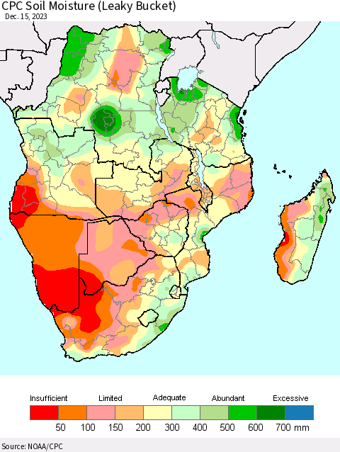 Southern Africa CPC Soil Moisture (Leaky Bucket) Thematic Map For 12/11/2023 - 12/15/2023