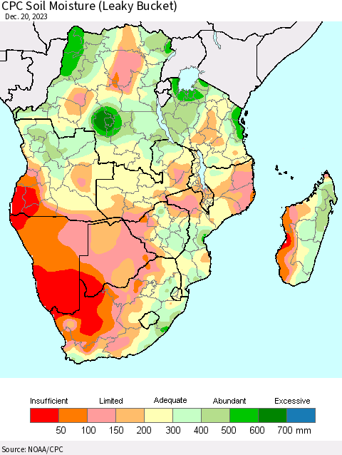 Southern Africa CPC Soil Moisture (Leaky Bucket) Thematic Map For 12/16/2023 - 12/20/2023