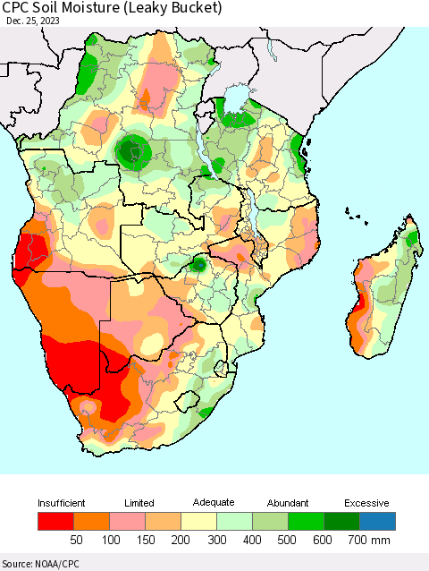 Southern Africa CPC Soil Moisture (Leaky Bucket) Thematic Map For 12/21/2023 - 12/25/2023