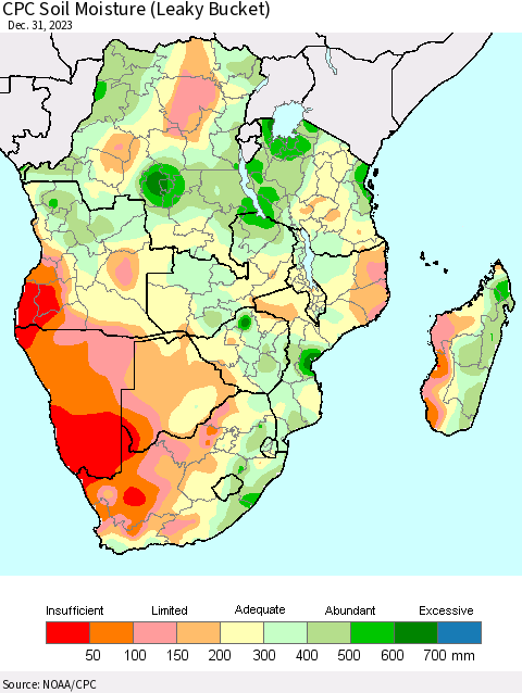 Southern Africa CPC Soil Moisture (Leaky Bucket) Thematic Map For 12/26/2023 - 12/31/2023