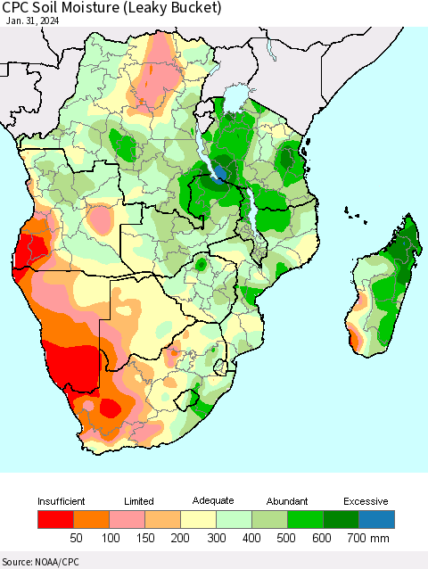 Southern Africa CPC Soil Moisture (Leaky Bucket) Thematic Map For 1/26/2024 - 1/31/2024