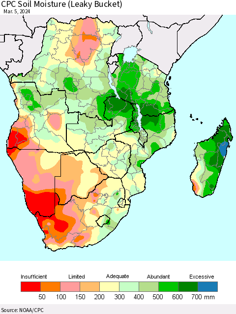 Southern Africa CPC Soil Moisture (Leaky Bucket) Thematic Map For 3/1/2024 - 3/5/2024