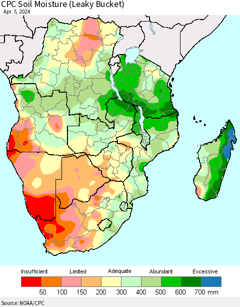 Southern Africa CPC Soil Moisture (Leaky Bucket) Thematic Map For 4/1/2024 - 4/5/2024
