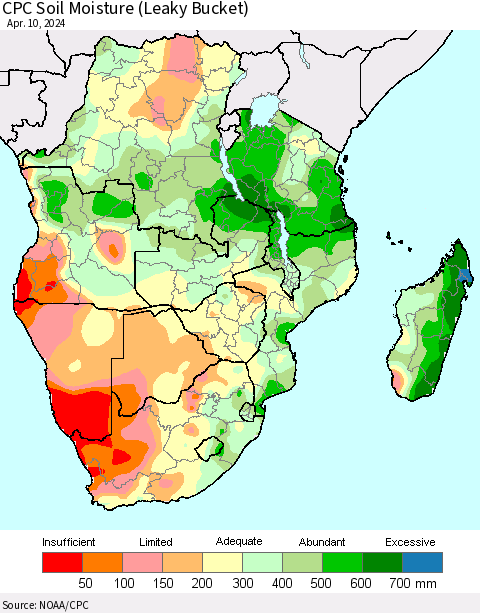Southern Africa CPC Soil Moisture (Leaky Bucket) Thematic Map For 4/6/2024 - 4/10/2024