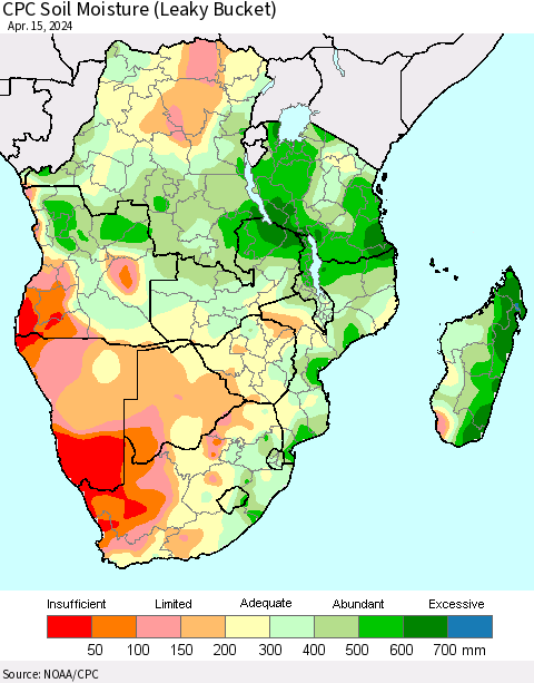 Southern Africa CPC Soil Moisture (Leaky Bucket) Thematic Map For 4/11/2024 - 4/15/2024