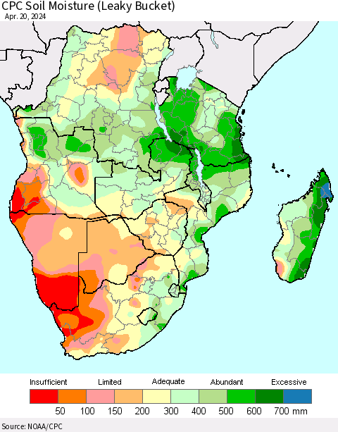 Southern Africa CPC Soil Moisture (Leaky Bucket) Thematic Map For 4/16/2024 - 4/20/2024