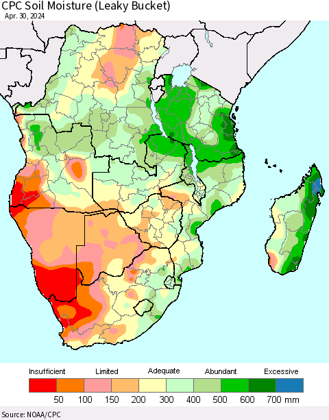 Southern Africa CPC Soil Moisture (Leaky Bucket) Thematic Map For 4/26/2024 - 4/30/2024