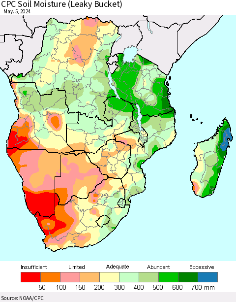 Southern Africa CPC Soil Moisture (Leaky Bucket) Thematic Map For 5/1/2024 - 5/5/2024