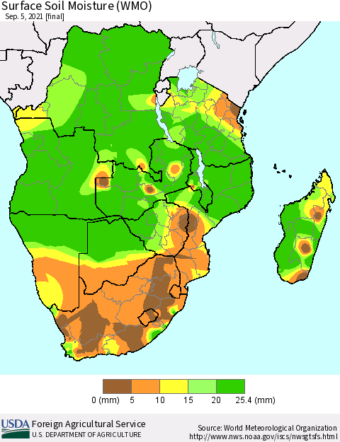 Southern Africa Surface Soil Moisture (WMO) Thematic Map For 8/30/2021 - 9/5/2021