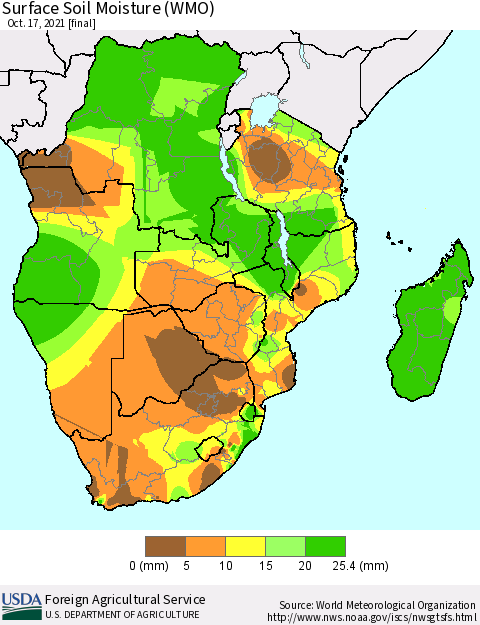 Southern Africa Surface Soil Moisture (WMO) Thematic Map For 10/11/2021 - 10/17/2021