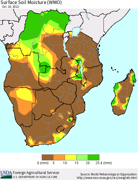 Southern Africa Surface Soil Moisture (WMO) Thematic Map For 10/10/2022 - 10/16/2022