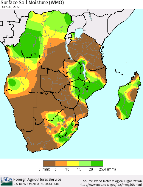 Southern Africa Surface Soil Moisture (WMO) Thematic Map For 10/24/2022 - 10/30/2022