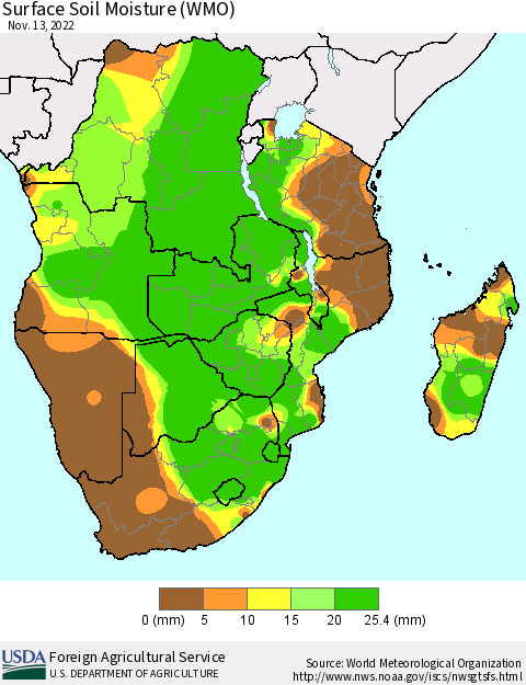 Southern Africa Surface Soil Moisture (WMO) Thematic Map For 11/7/2022 - 11/13/2022