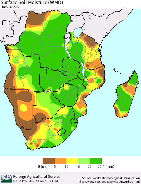 Southern Africa Surface Soil Moisture (WMO) Thematic Map For 12/12/2022 - 12/18/2022