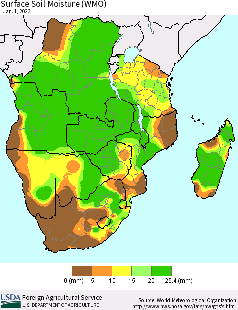 Southern Africa Surface Soil Moisture (WMO) Thematic Map For 12/26/2022 - 1/1/2023