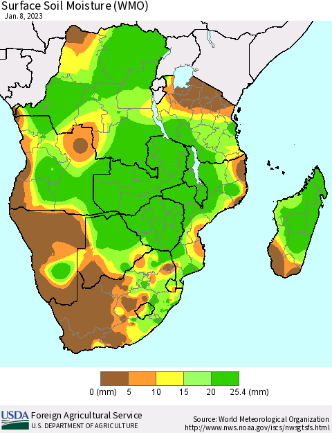 Southern Africa Surface Soil Moisture (WMO) Thematic Map For 1/2/2023 - 1/8/2023