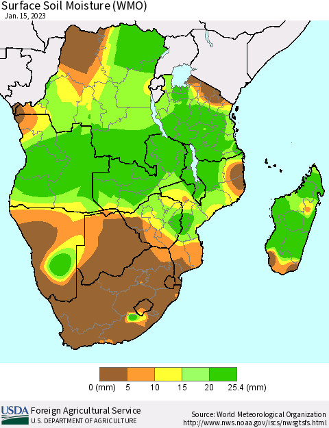 Southern Africa Surface Soil Moisture (WMO) Thematic Map For 1/9/2023 - 1/15/2023