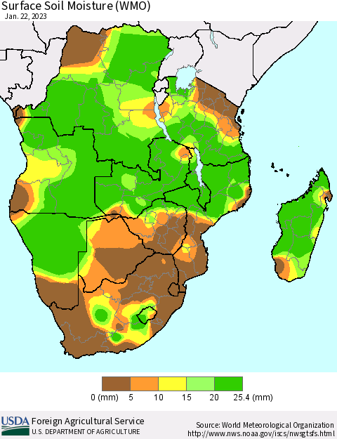 Southern Africa Surface Soil Moisture (WMO) Thematic Map For 1/16/2023 - 1/22/2023