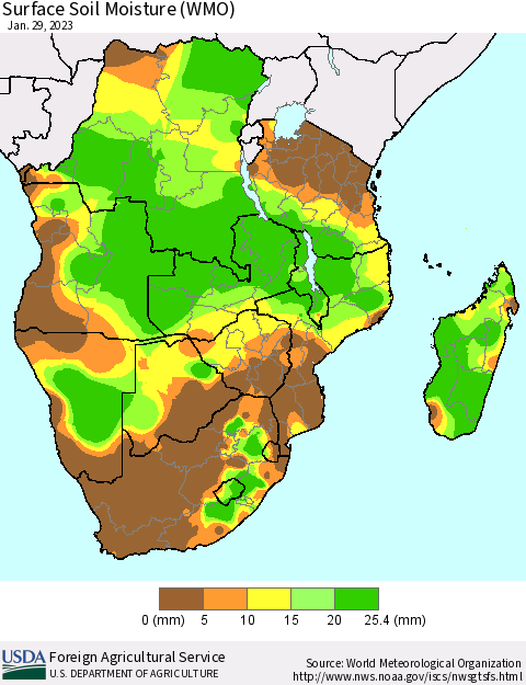 Southern Africa Surface Soil Moisture (WMO) Thematic Map For 1/23/2023 - 1/29/2023