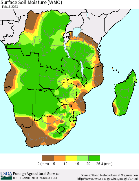Southern Africa Surface Soil Moisture (WMO) Thematic Map For 1/30/2023 - 2/5/2023