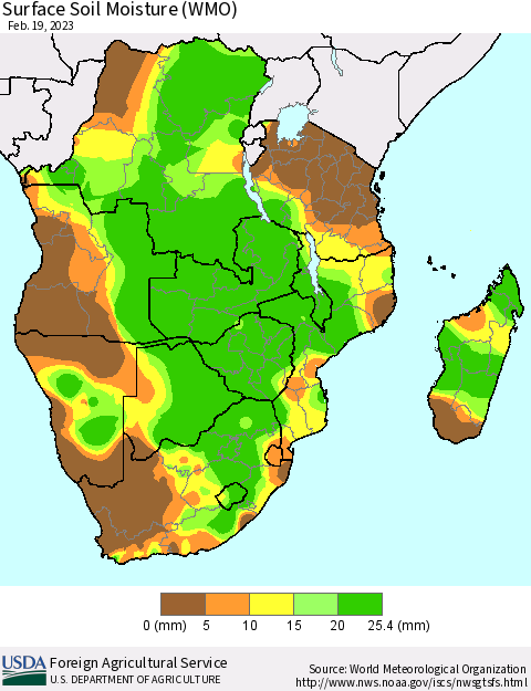 Southern Africa Surface Soil Moisture (WMO) Thematic Map For 2/13/2023 - 2/19/2023