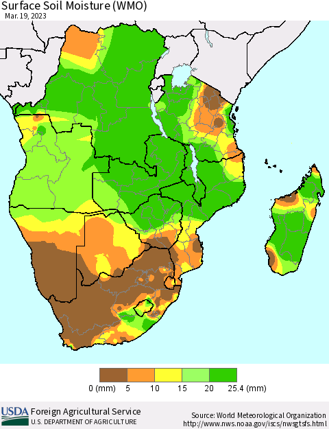 Southern Africa Surface Soil Moisture (WMO) Thematic Map For 3/13/2023 - 3/19/2023
