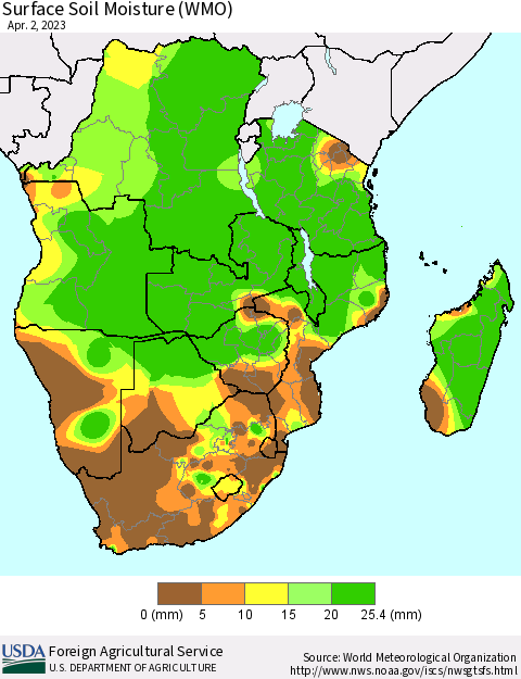 Southern Africa Surface Soil Moisture (WMO) Thematic Map For 3/27/2023 - 4/2/2023