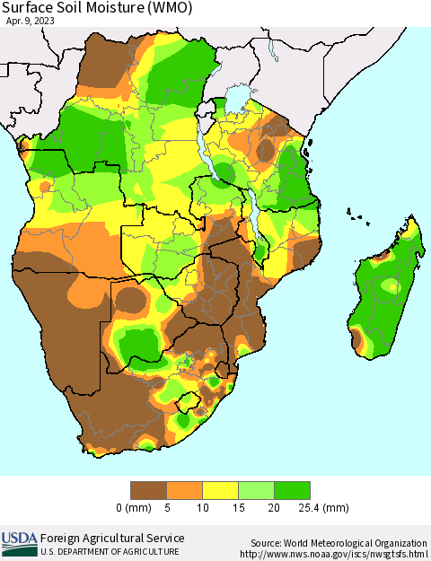 Southern Africa Surface Soil Moisture (WMO) Thematic Map For 4/3/2023 - 4/9/2023