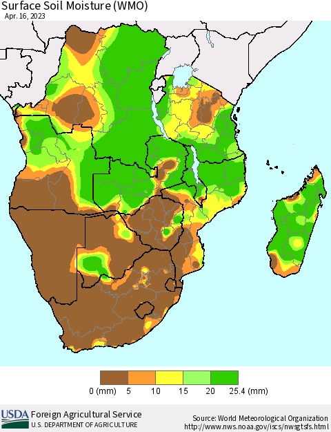 Southern Africa Surface Soil Moisture (WMO) Thematic Map For 4/10/2023 - 4/16/2023