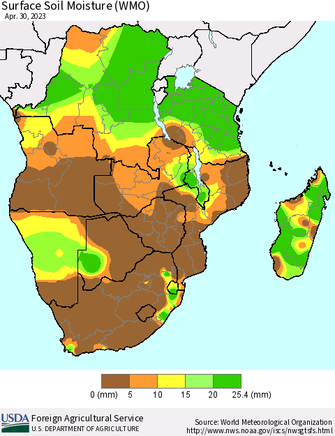 Southern Africa Surface Soil Moisture (WMO) Thematic Map For 4/24/2023 - 4/30/2023