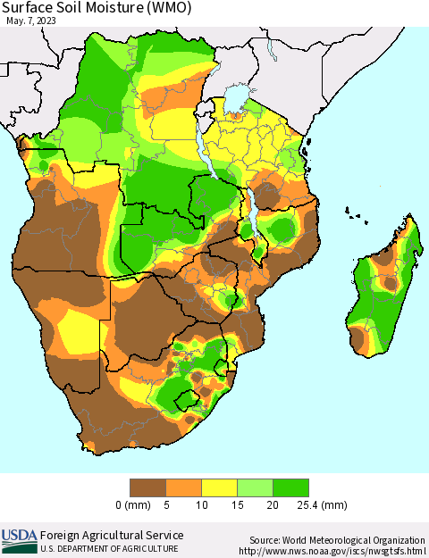 Southern Africa Surface Soil Moisture (WMO) Thematic Map For 5/1/2023 - 5/7/2023