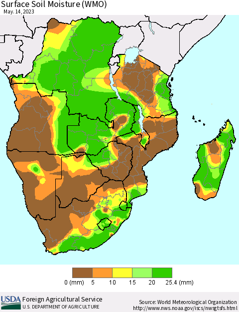 Southern Africa Surface Soil Moisture (WMO) Thematic Map For 5/8/2023 - 5/14/2023
