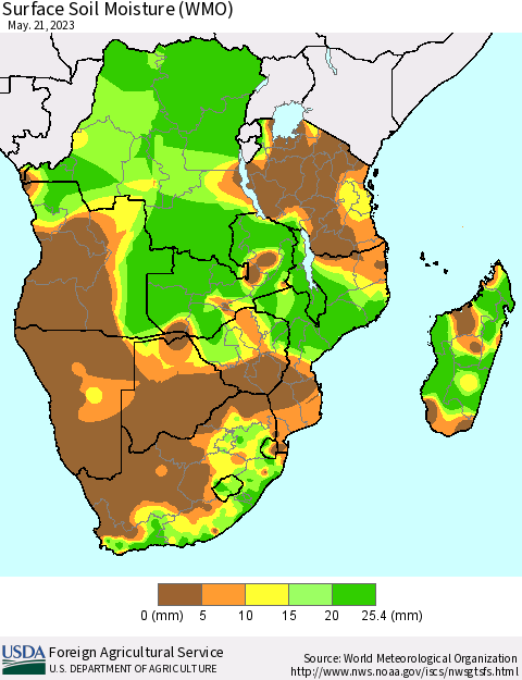 Southern Africa Surface Soil Moisture (WMO) Thematic Map For 5/15/2023 - 5/21/2023