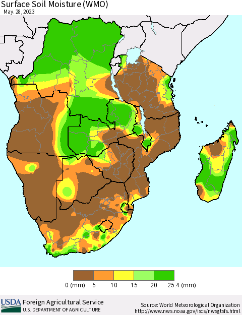 Southern Africa Surface Soil Moisture (WMO) Thematic Map For 5/22/2023 - 5/28/2023