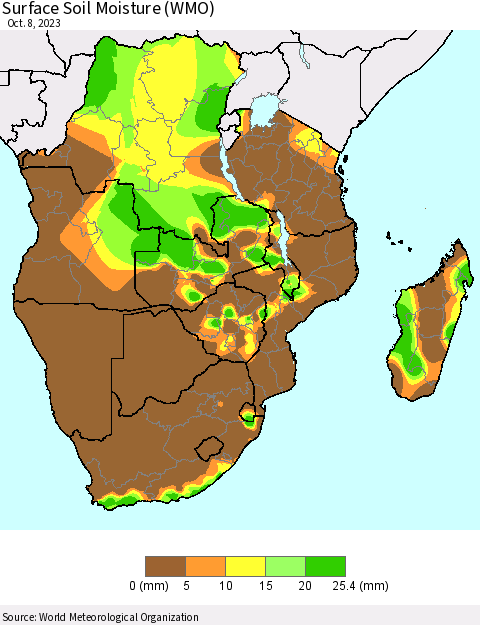 Southern Africa Surface Soil Moisture (WMO) Thematic Map For 10/2/2023 - 10/8/2023