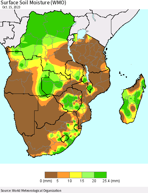 Southern Africa Surface Soil Moisture (WMO) Thematic Map For 10/9/2023 - 10/15/2023