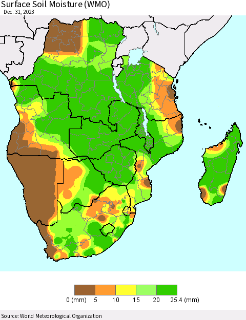 Southern Africa Surface Soil Moisture (WMO) Thematic Map For 12/25/2023 - 12/31/2023