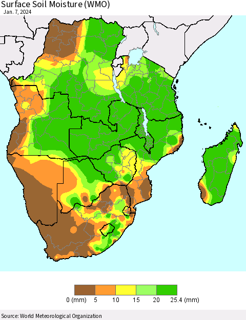 Southern Africa Surface Soil Moisture (WMO) Thematic Map For 1/1/2024 - 1/7/2024