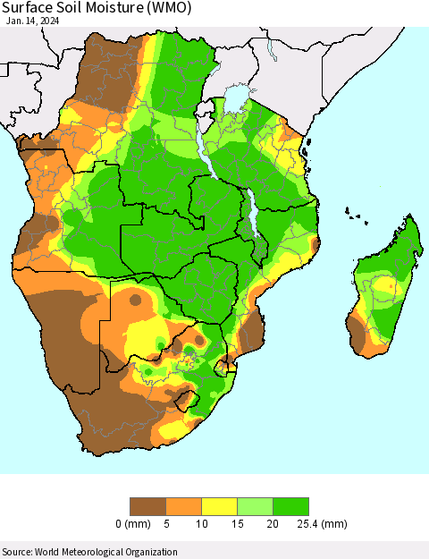 Southern Africa Surface Soil Moisture (WMO) Thematic Map For 1/8/2024 - 1/14/2024