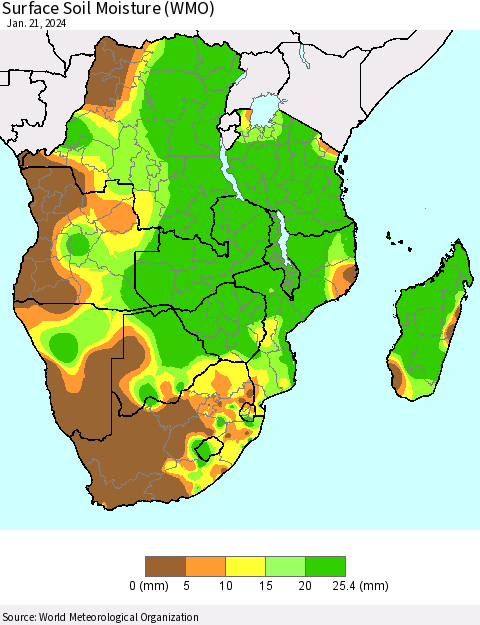 Southern Africa Surface Soil Moisture (WMO) Thematic Map For 1/15/2024 - 1/21/2024