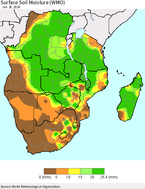 Southern Africa Surface Soil Moisture (WMO) Thematic Map For 1/22/2024 - 1/28/2024